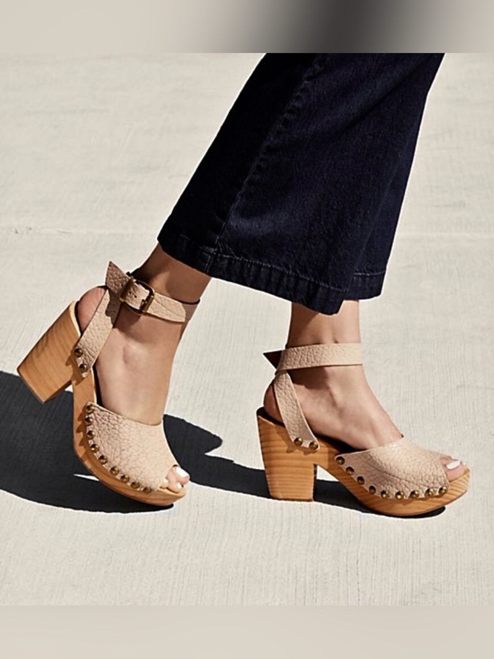 Free People Pasadena Clogs Black Suede Studded Wooden Platform Sandals Peep Toe - Picture 5 of 16